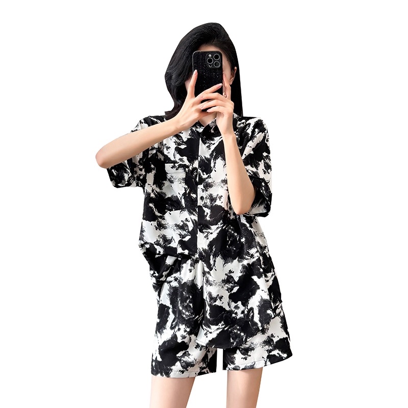 B218(6071) 新中式水墨画休闲风短袖燕尾上衣与短裤黑套装