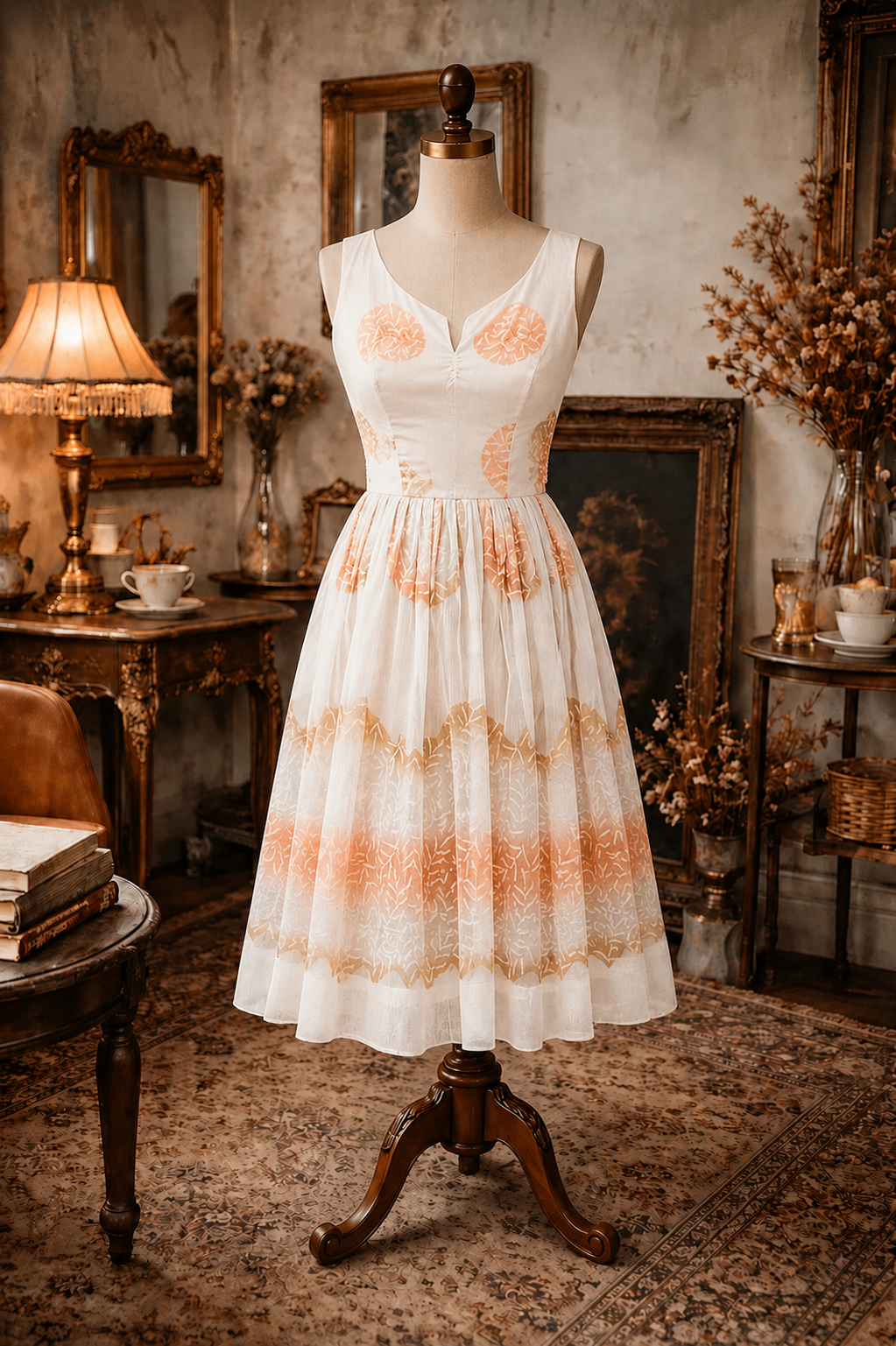 C.a. 1950s Dreamy Leafy Pattern Chiffon Day & Night Fit and Flare Dress (MT1508)