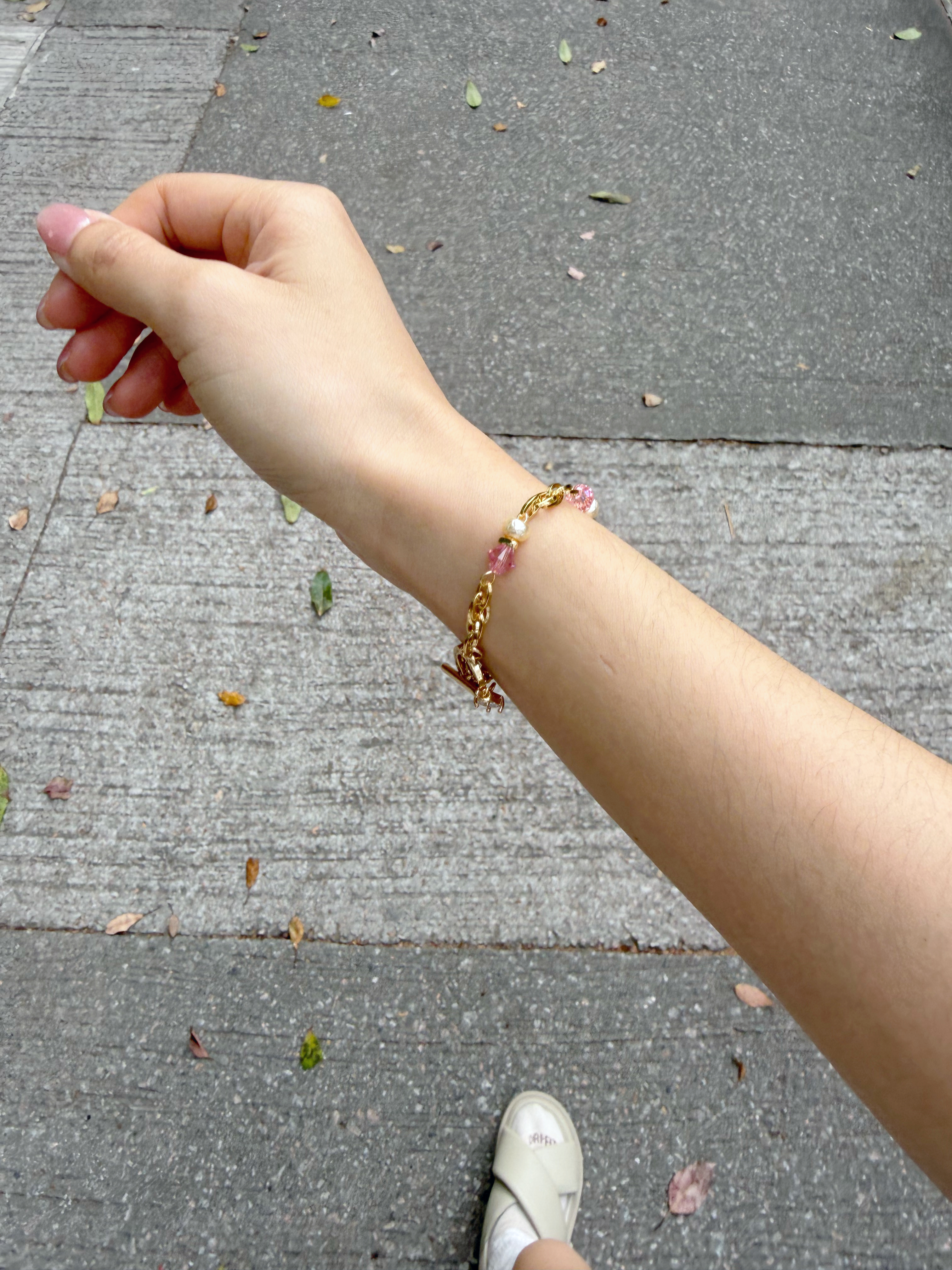 復古款水晶手鍊/櫻花粉紅x金色
