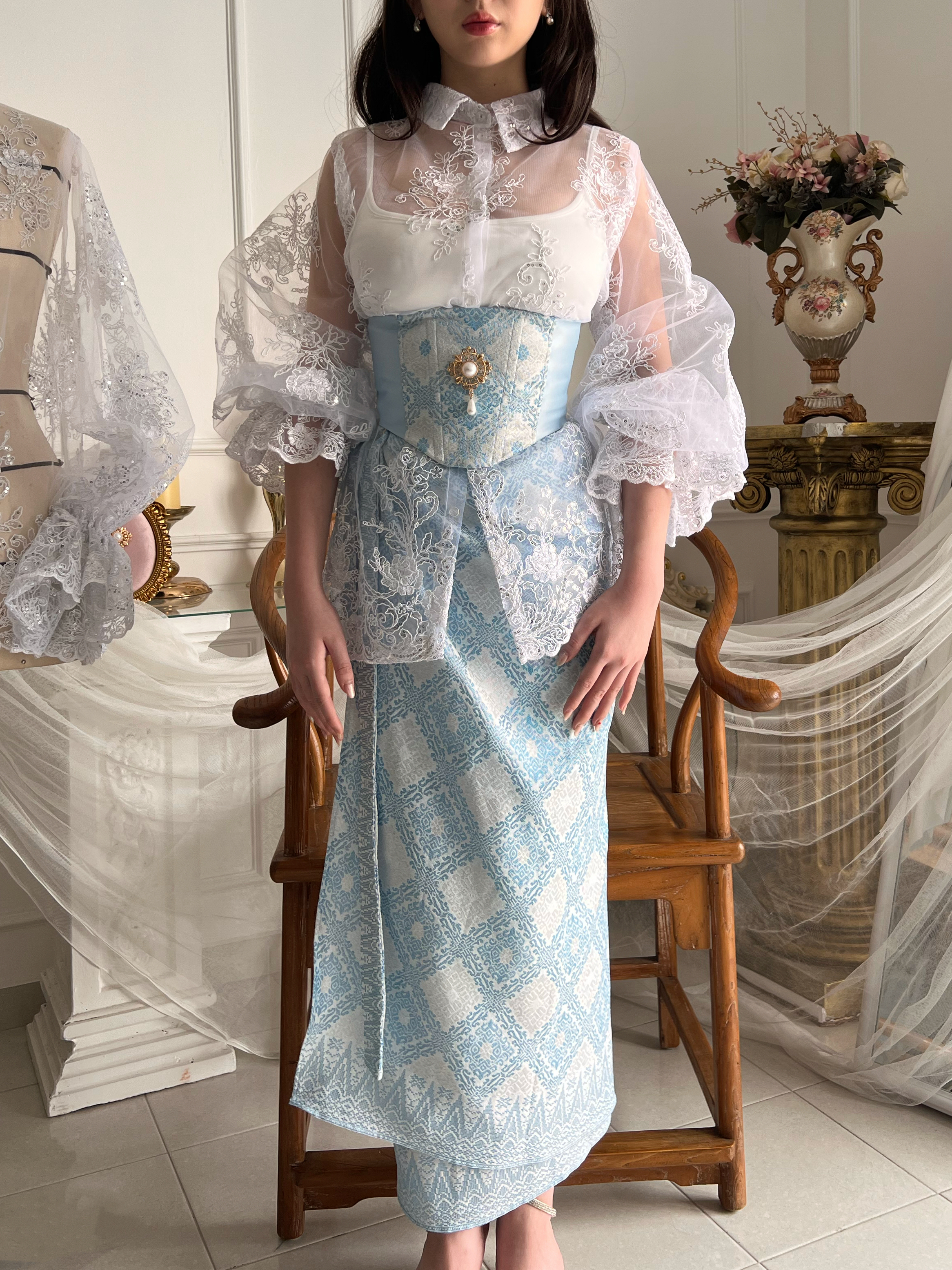 Songket Underbust Corset and Pareo Skirt in Light Blue with Angel Blouse in True White