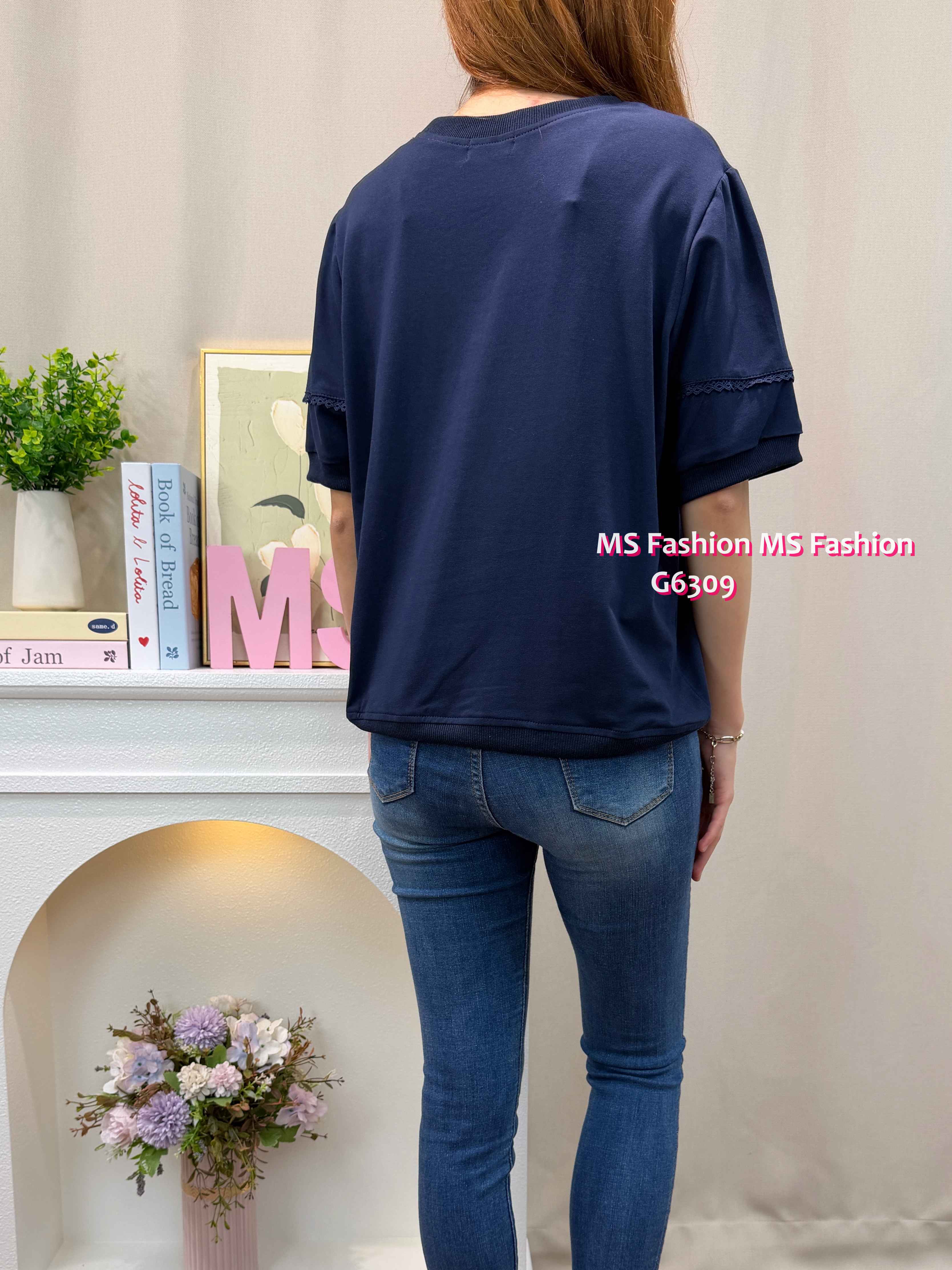 G6309 可愛黑貓花邊袖top