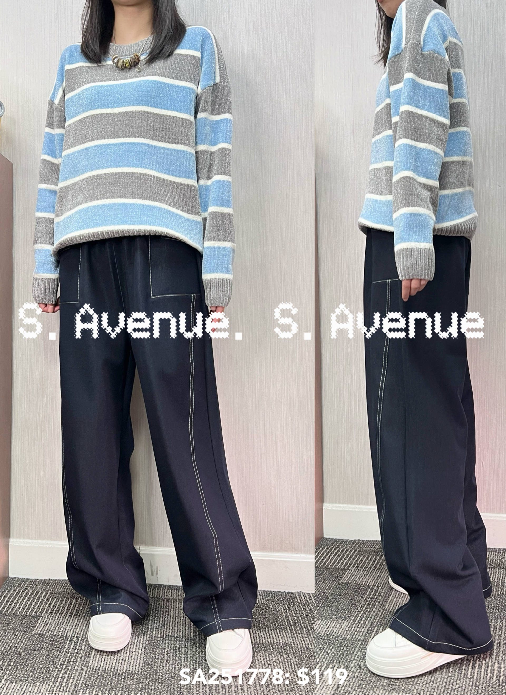 SA251778: 長袖滑絨冷間條top