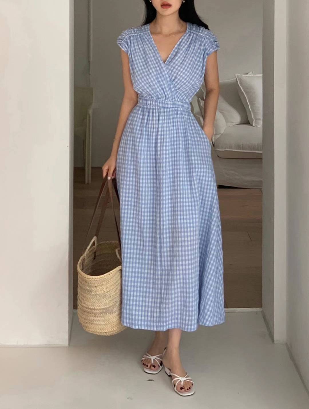 Gingham V-Neck Cap Sleeve Maxi Dress with Fitted Waist ‖ 格纹V领收腰短袖长洋装 KR02121442