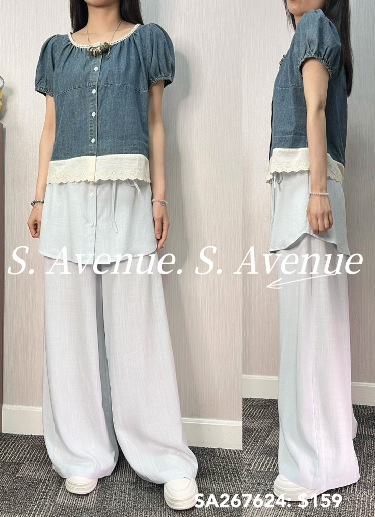 SA267624: 泡泡袖方領lace邊牛仔shirt