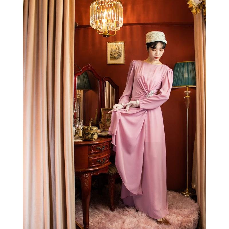 1970s/80s Does 1930s Style Rose Pink Long Dress with Waist Appliqué (MU108-11)
