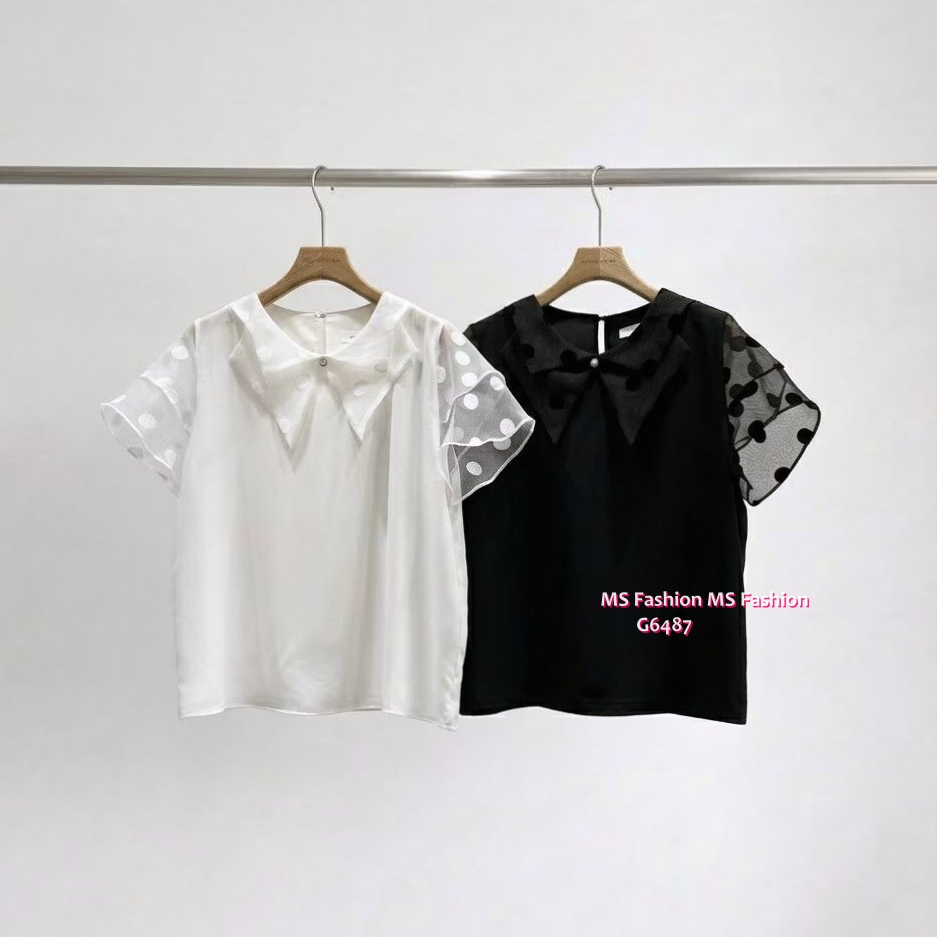 G6487 特色領波點紗袖top