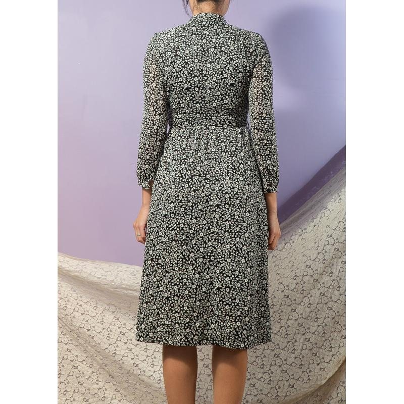 Vintage Japanese Timeless Black & White Floral Tie Collar Dress (MT1608-111)