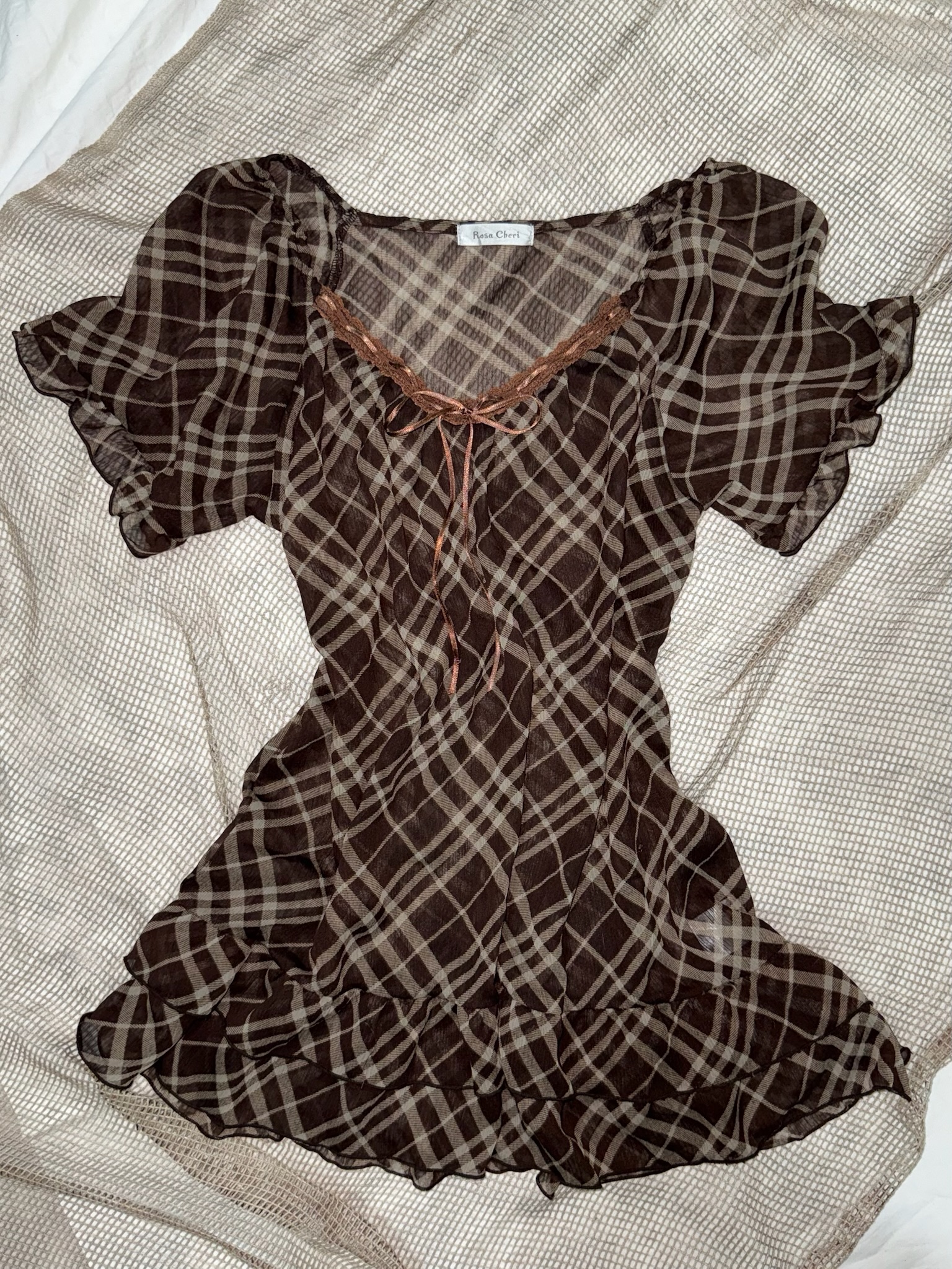 Brown Check Chiffon Lace Ribbon Bow Top