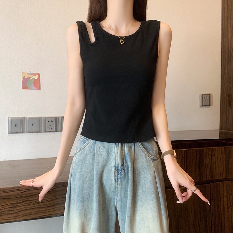 B290(16201) 韩版付胸垫边单镂空双吊带设计感黑背心