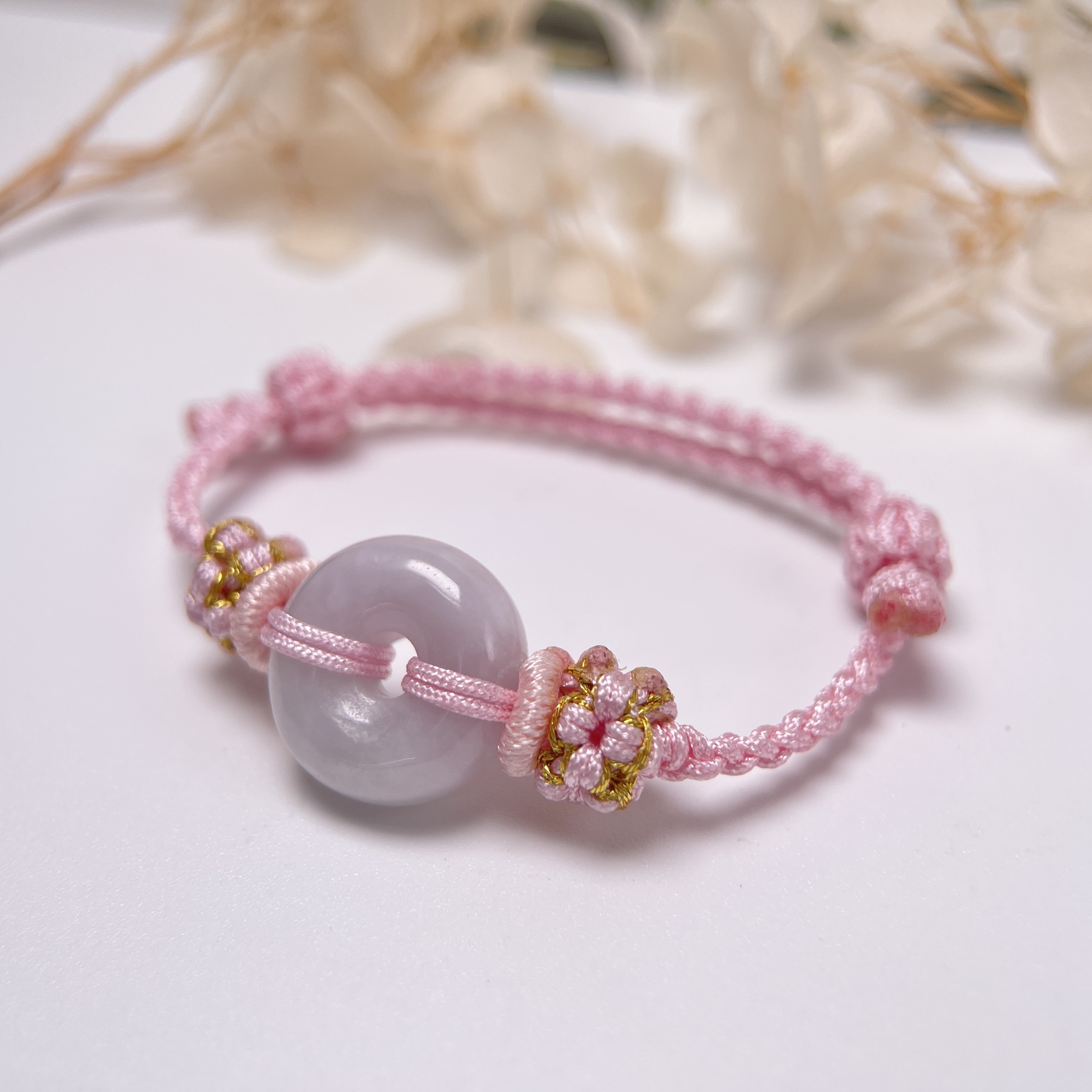 JN-12578 天然翡翠A玉 淡紫色平安扣BB滿月/親子/情侶手繩（私人訂制）