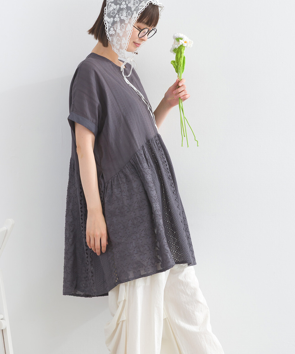 LP - 印度棉質拼布花邊襯衫 (碳灰色)