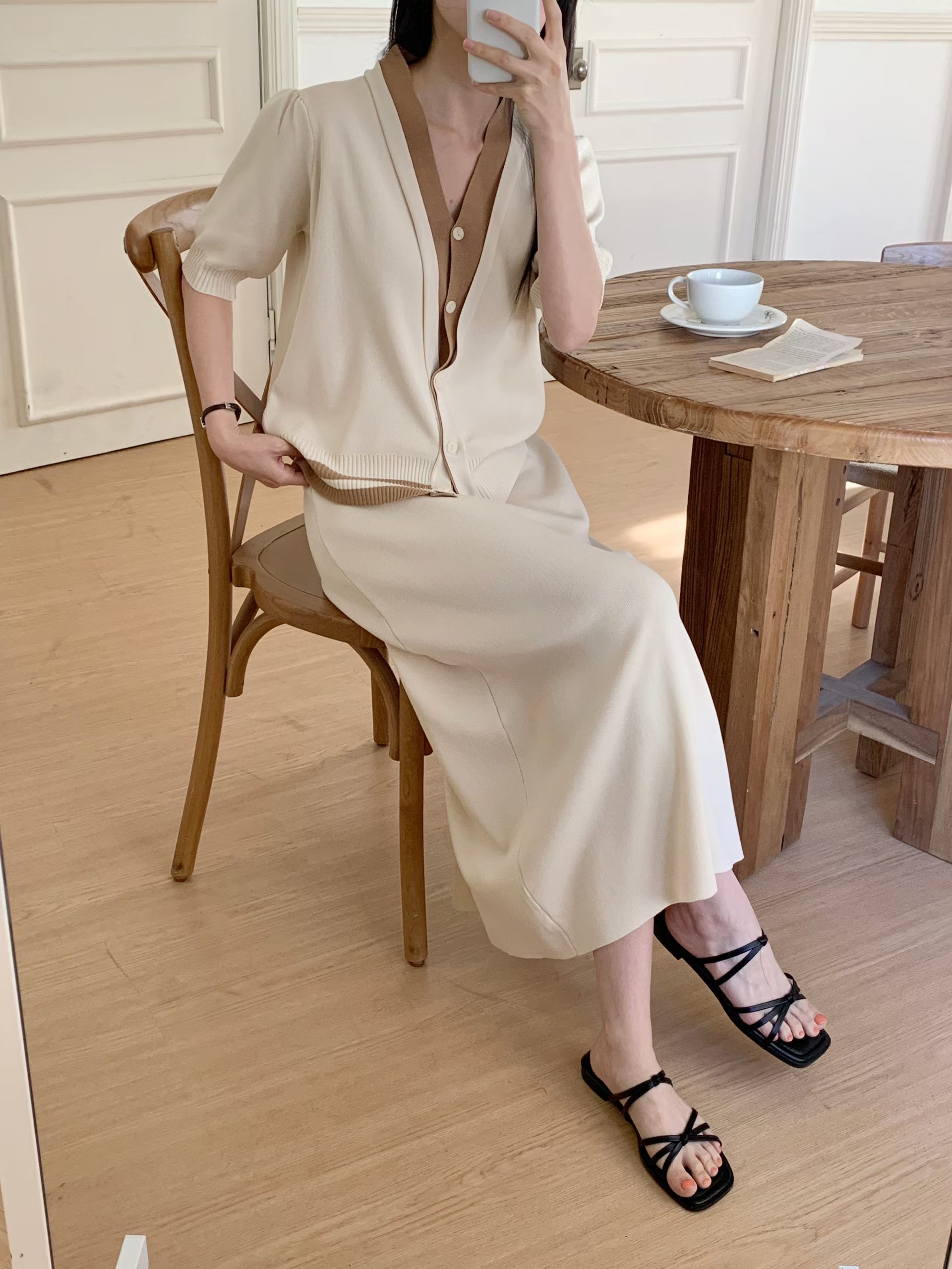 CT19 開鈕拼色外套+裙set 