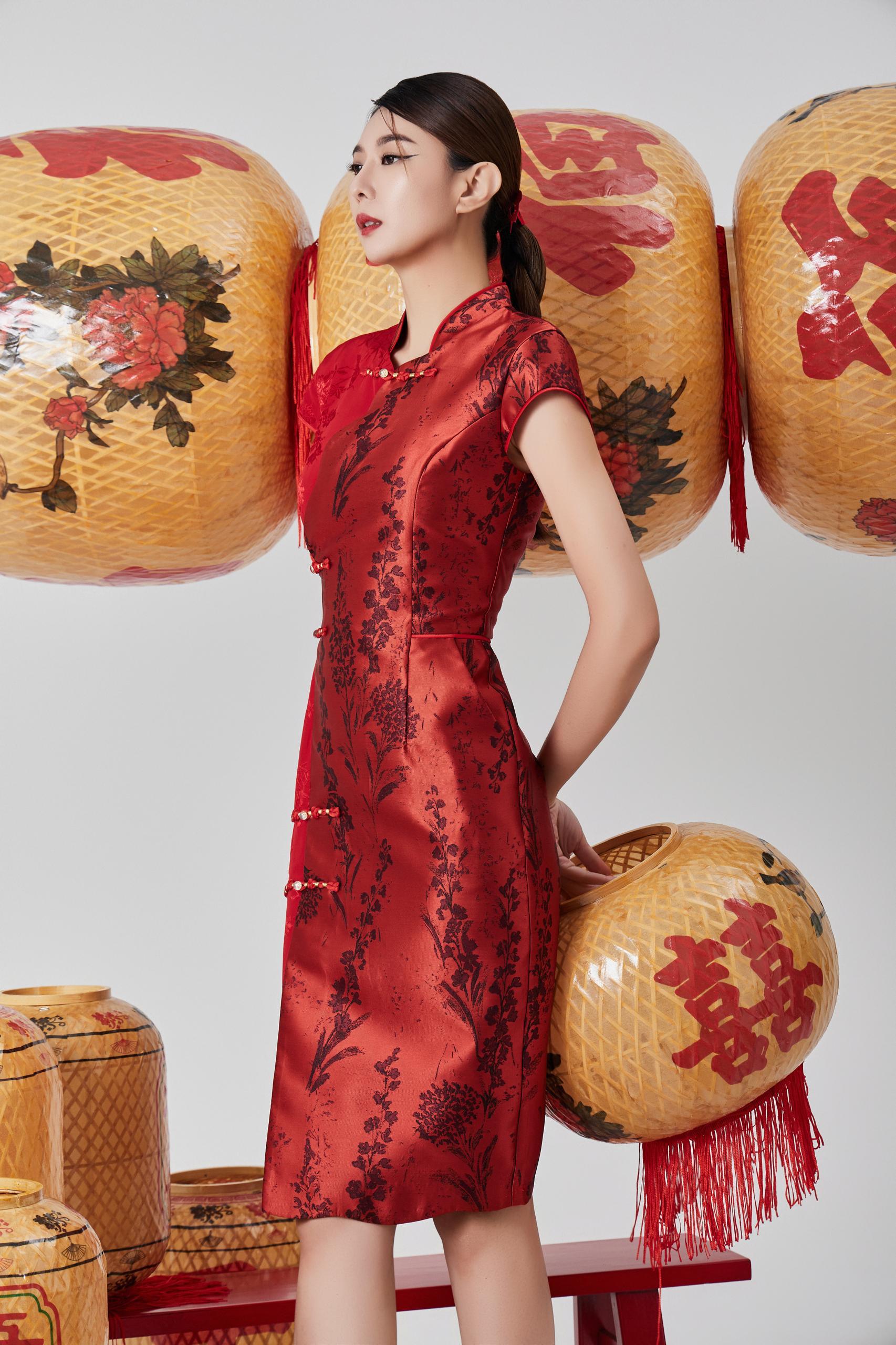 双色旗袍连身裙 红色2126