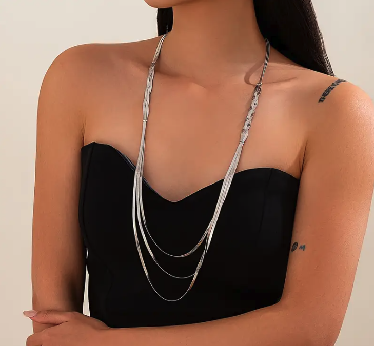 Silver Braid Multi Layer Long Necklace