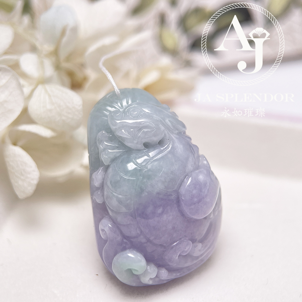 JN-3366 天然翡翠A玉 大師級鏤空精雕俏色春彩雙魚福壽映荷吊墜