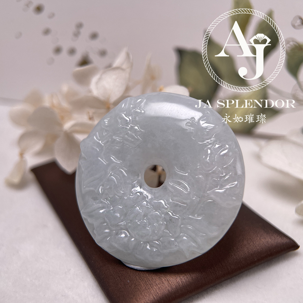 JN-938 天然翡翠A玉 特色白翡牡丹花開富貴平安扣