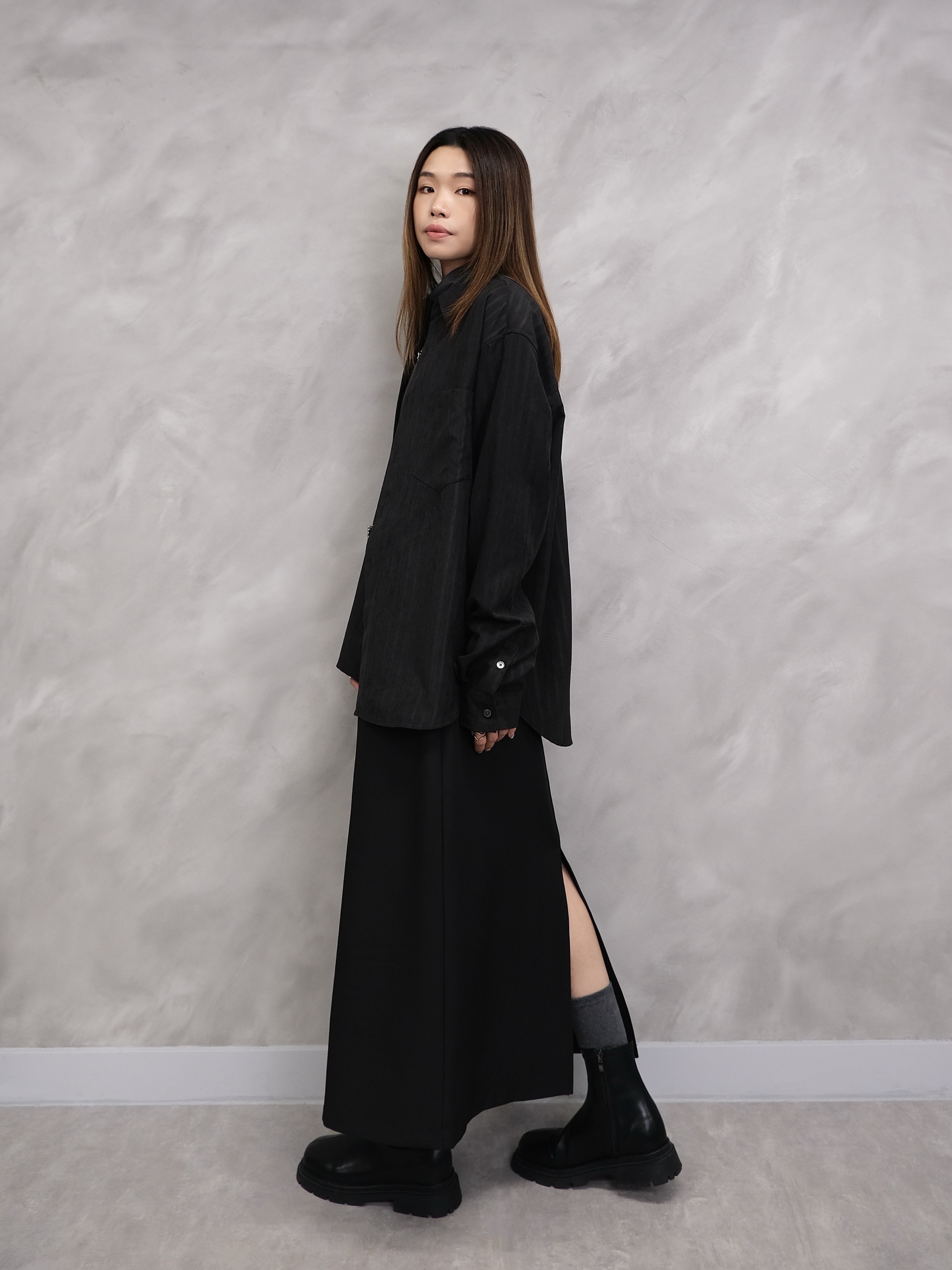 Metal Stud High-Waist Midi Skirt #sk51