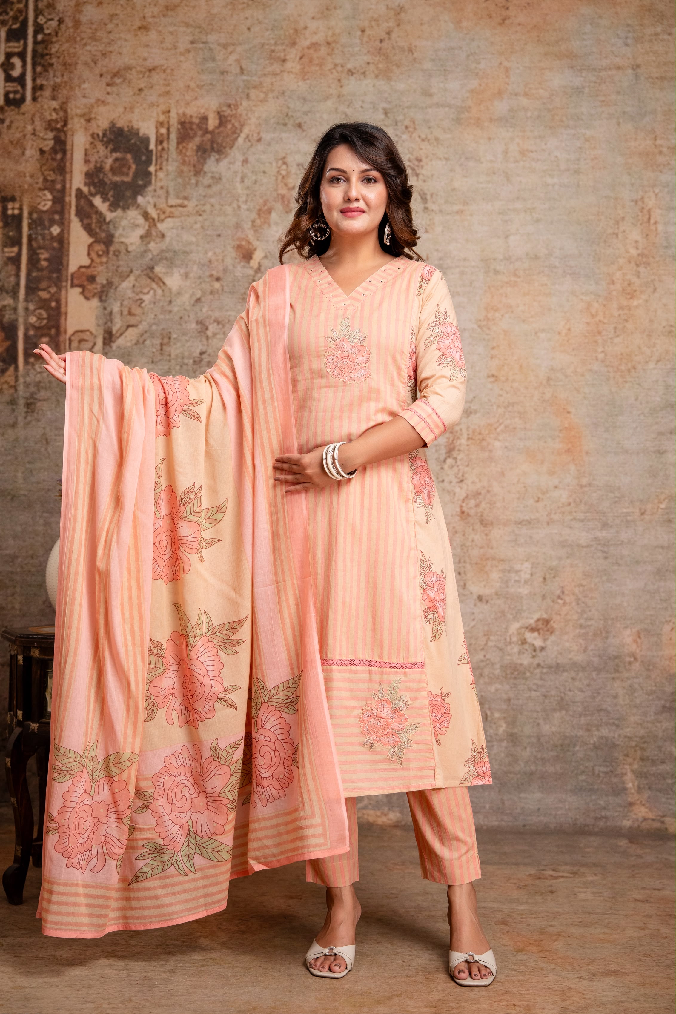 Peach and Pink Embroidered Kurta Set