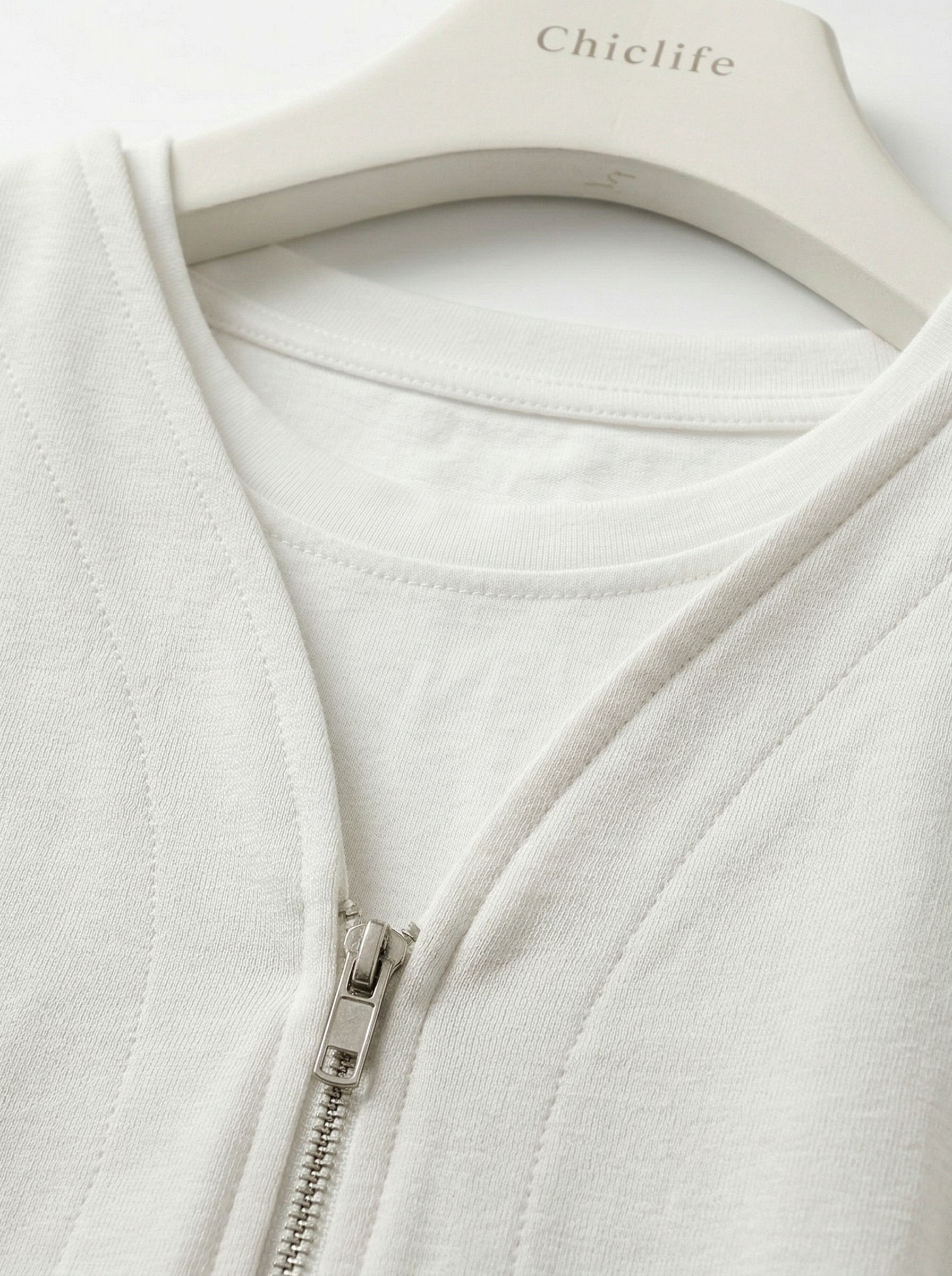 杏色V領拉鍊短袖上衣 + 鬆緊中長裙套裝