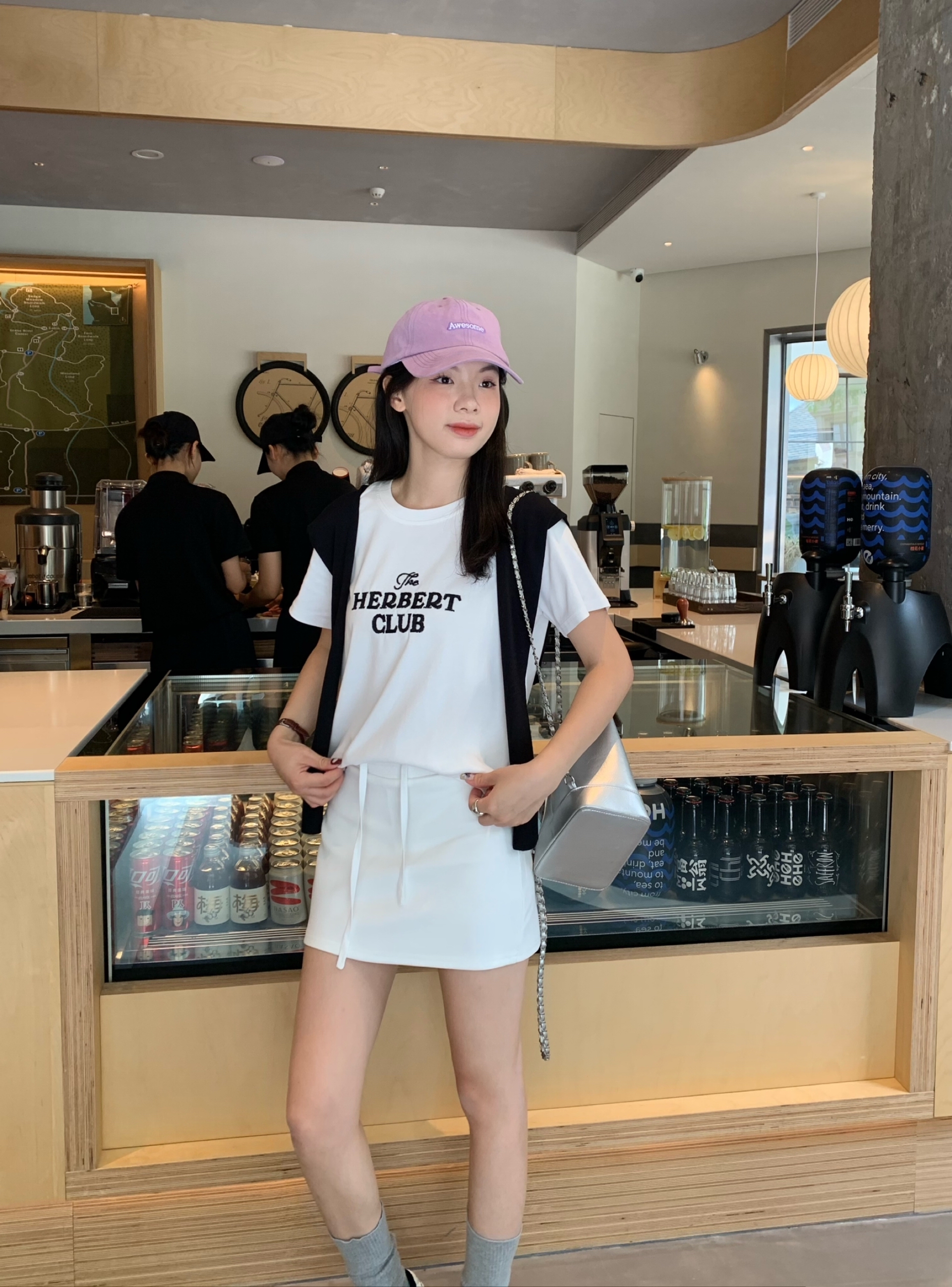 The Herbert Club Letter Embroidery Top+Shawl+Skirt Sets 撞色刺绣字母休闲 3 件套 （3 colours）