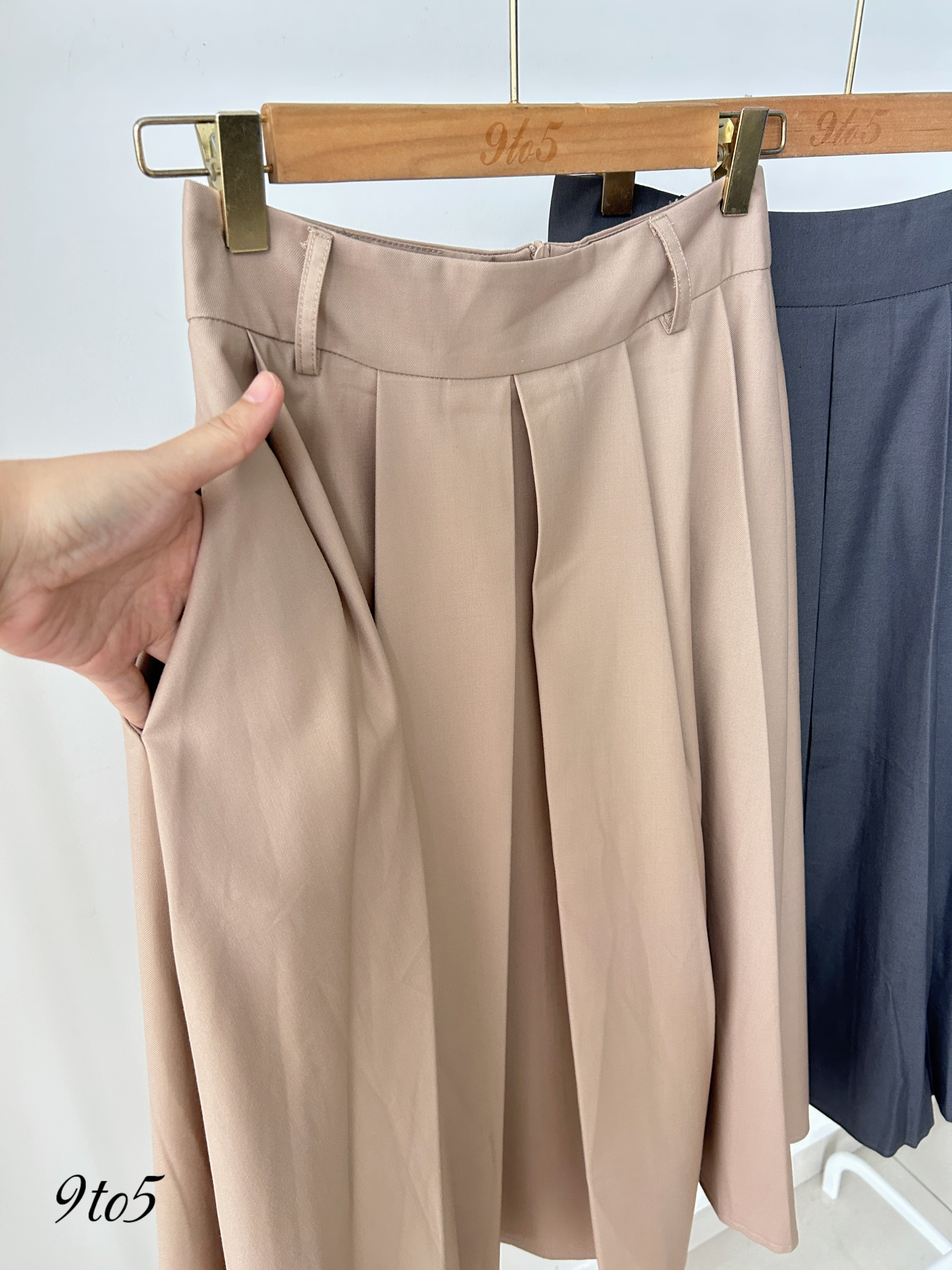 S1809 A Line Midi Skirt - Khaki & Grey