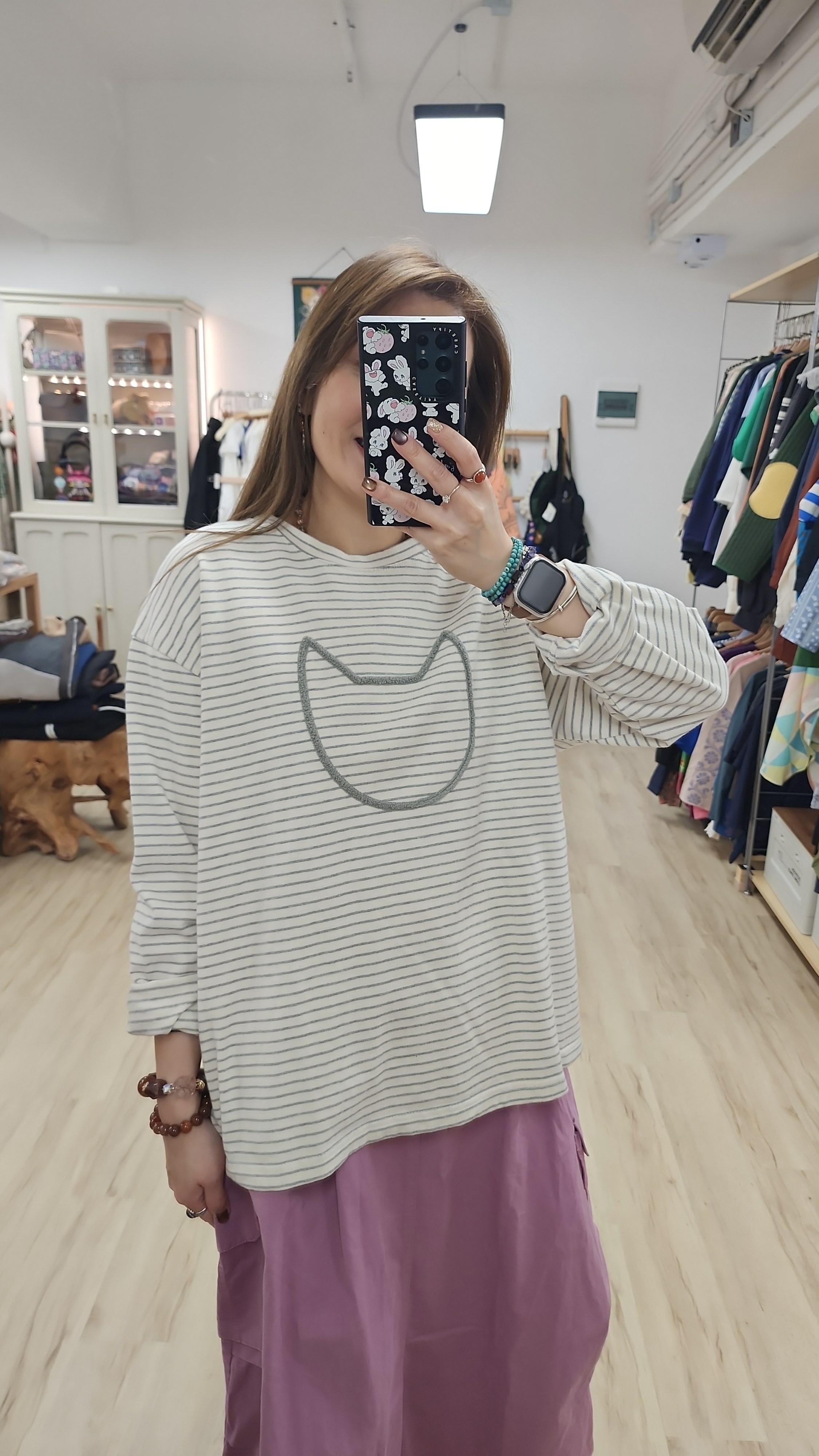 韓國米白拼灰間貓貓頭Tee