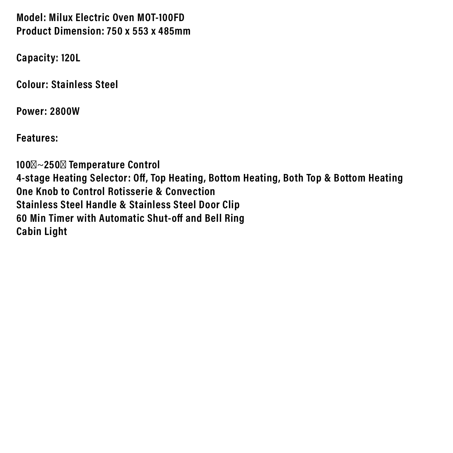 Milux 120L 2800W Electric Oven (MOT-120FD)