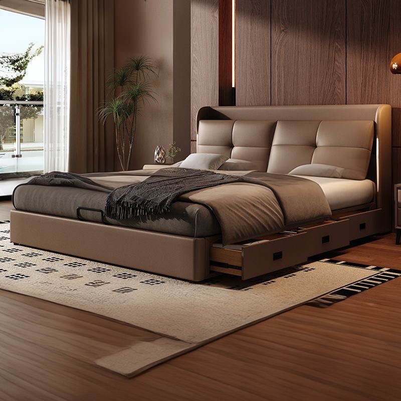 多功能可調校真皮油壓床 現代簡約大氣主人房高端儲物抽屜床 bed