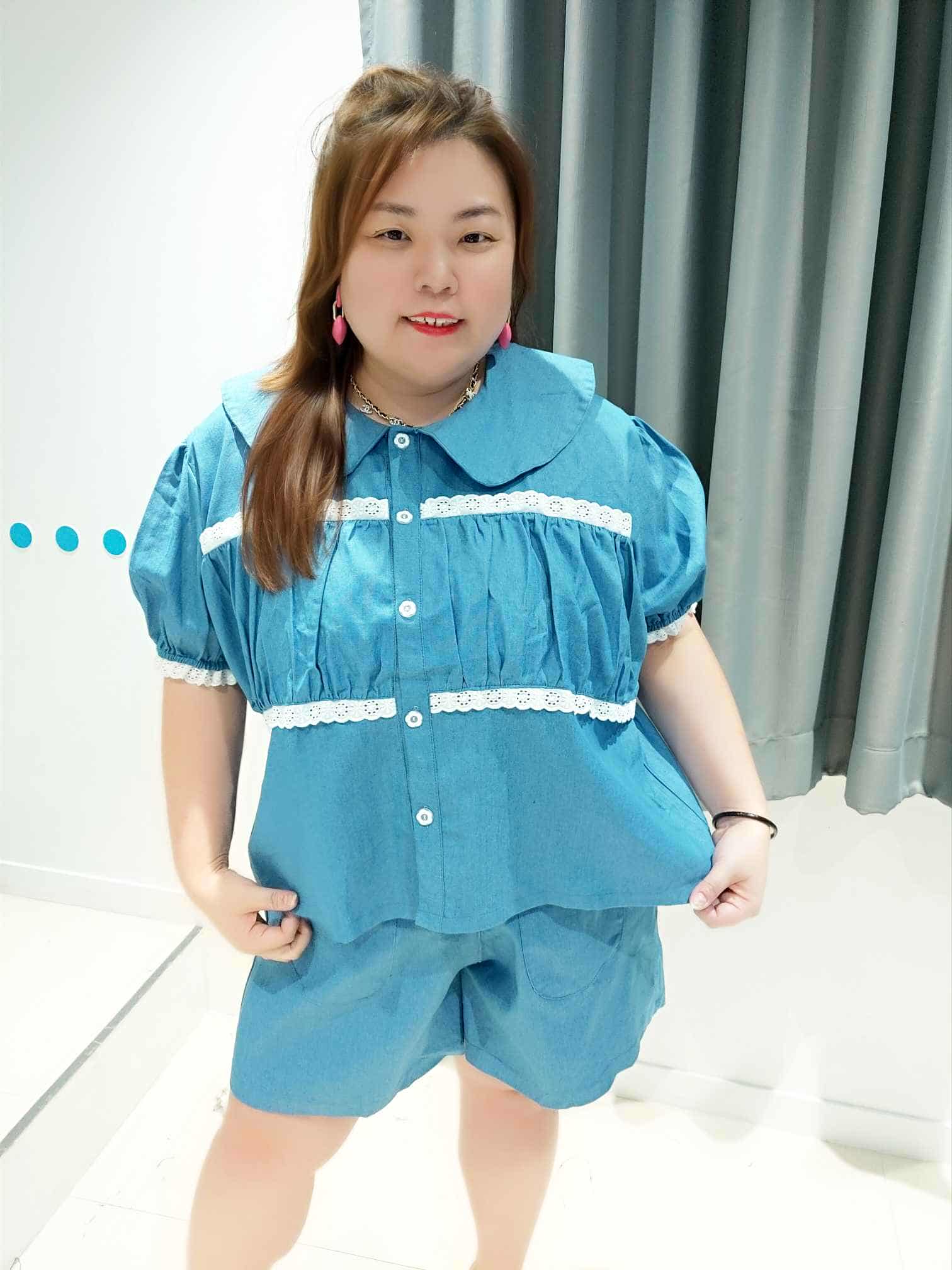 DSB11 娃娃领拼筒花设计裤子套装