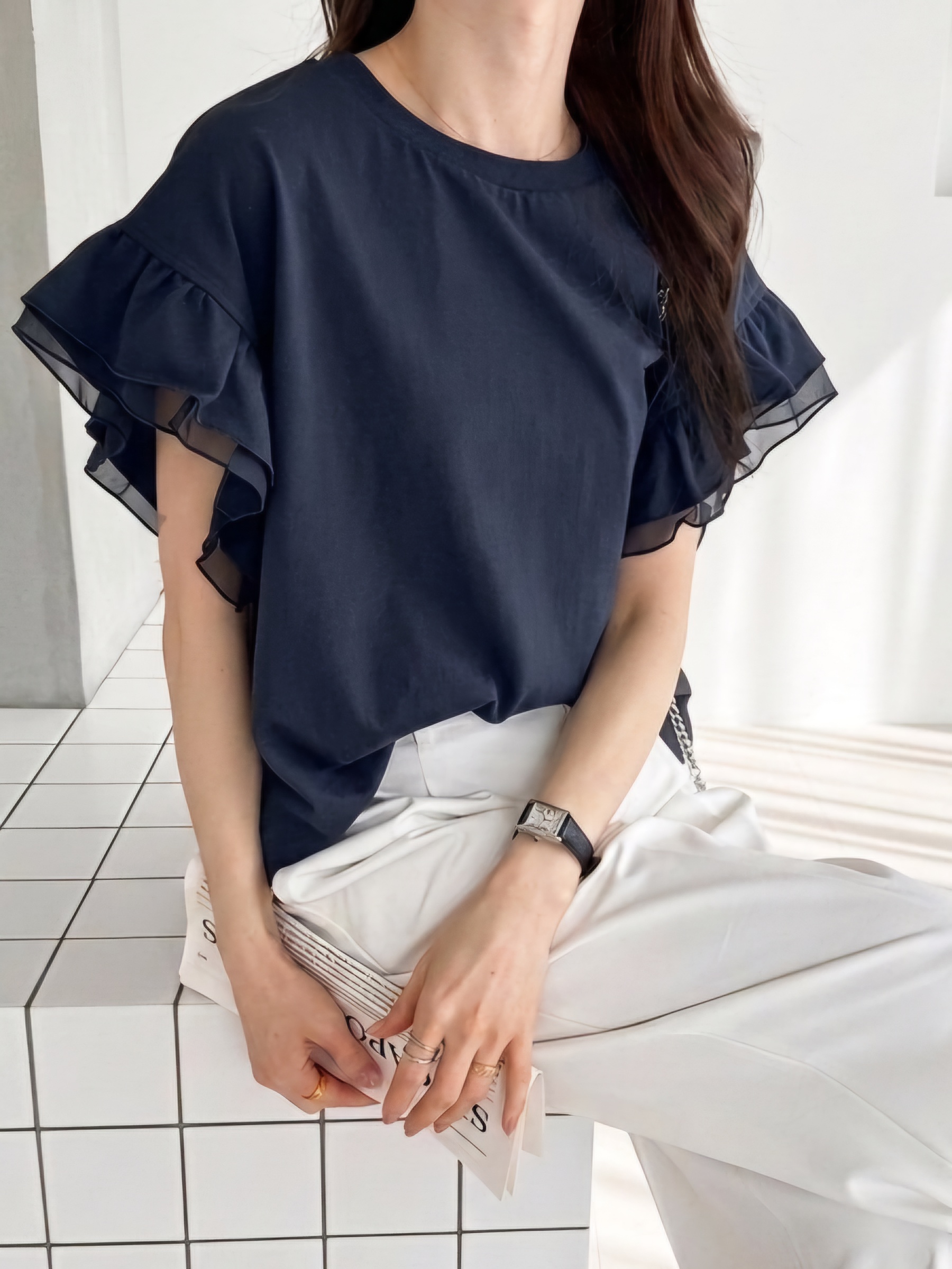 【✨️日本🇯🇵 pre-order 荷葉袖100%純棉Tee✨️】 【共4色 | M/L/XL | 深灰 / 米白 / 黑色 / 海軍藍】