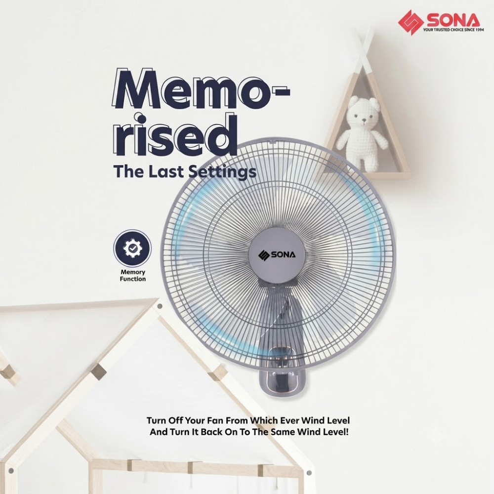 Sona 16" Remote DC Wall Fan Brushless DC Motor  SFW 9518DC RR