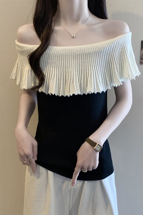 B143(980) 法式小众设计感撞色一字肩百褶荷叶领边黑杏针织上衣 