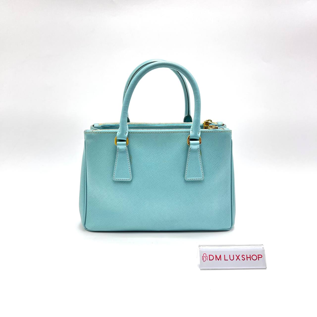 Prada Saffiano Light Blue Small Double Zip Galleria Lux Tote GHW