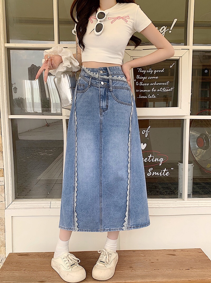 B29(30707) 韩版时尚JEANS斜蕾丝花边双裤头钮设计感蓝长裙