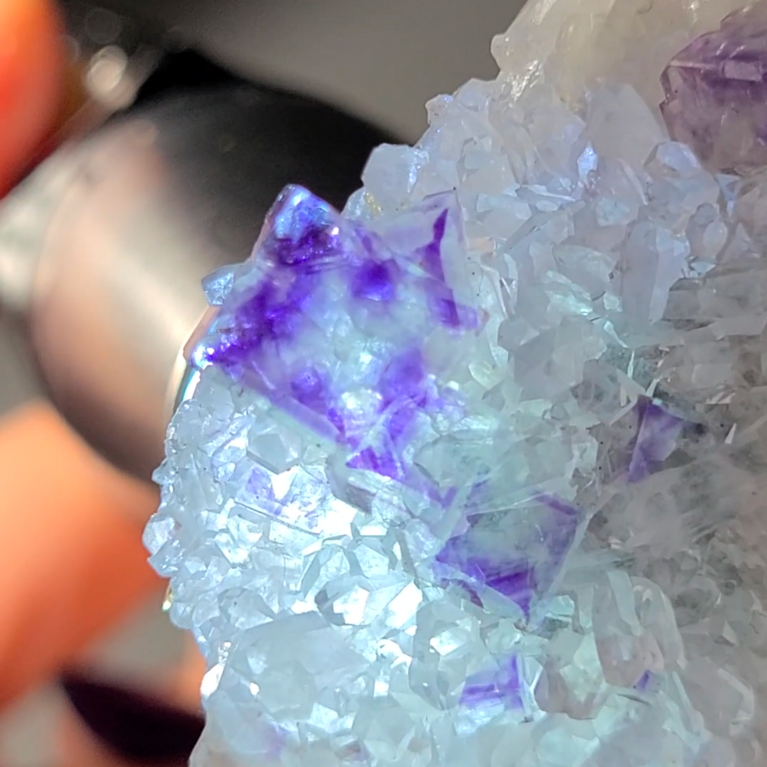 Blue and purple cubic fluorite on baby quartz - FL142