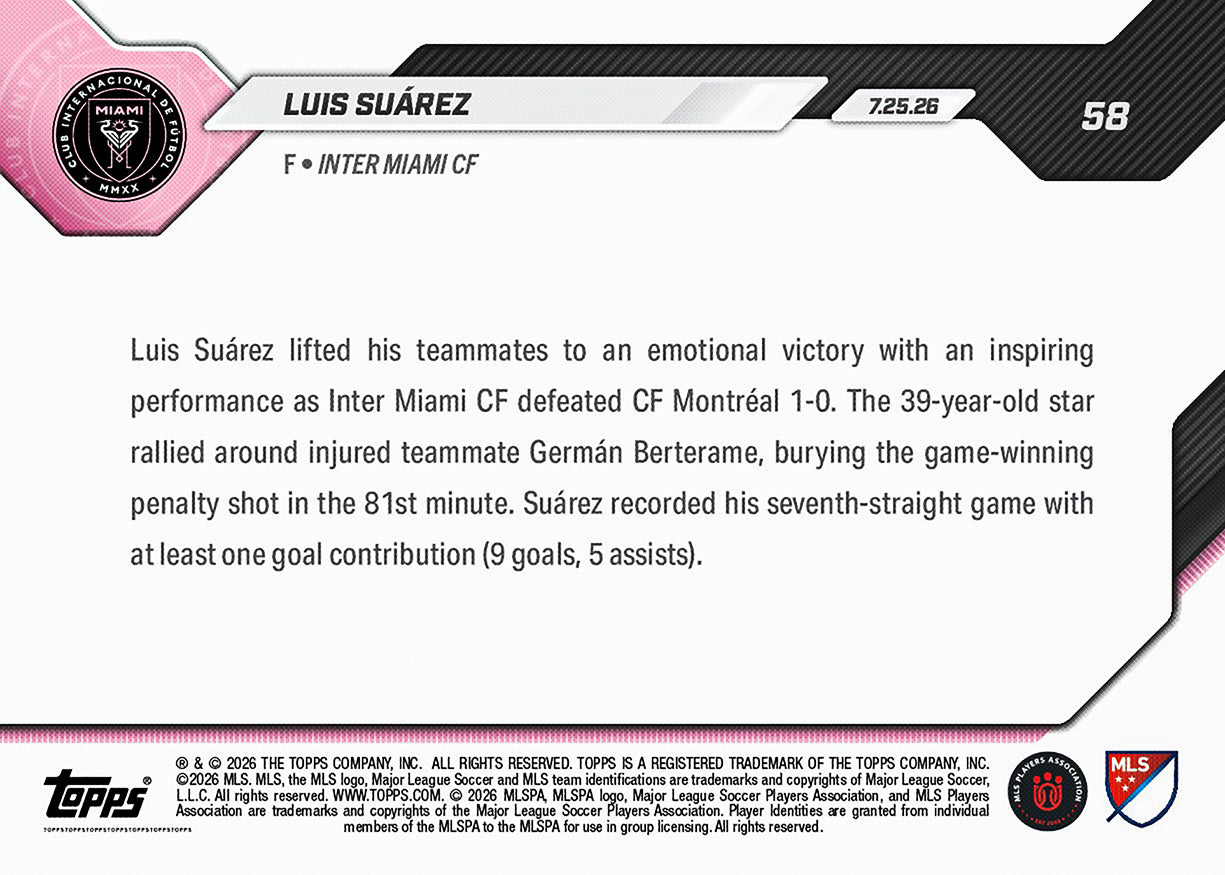 Luis Suárez - 2026 MLS Topps Now #58 七連場入球貢獻紀念卡【團購】