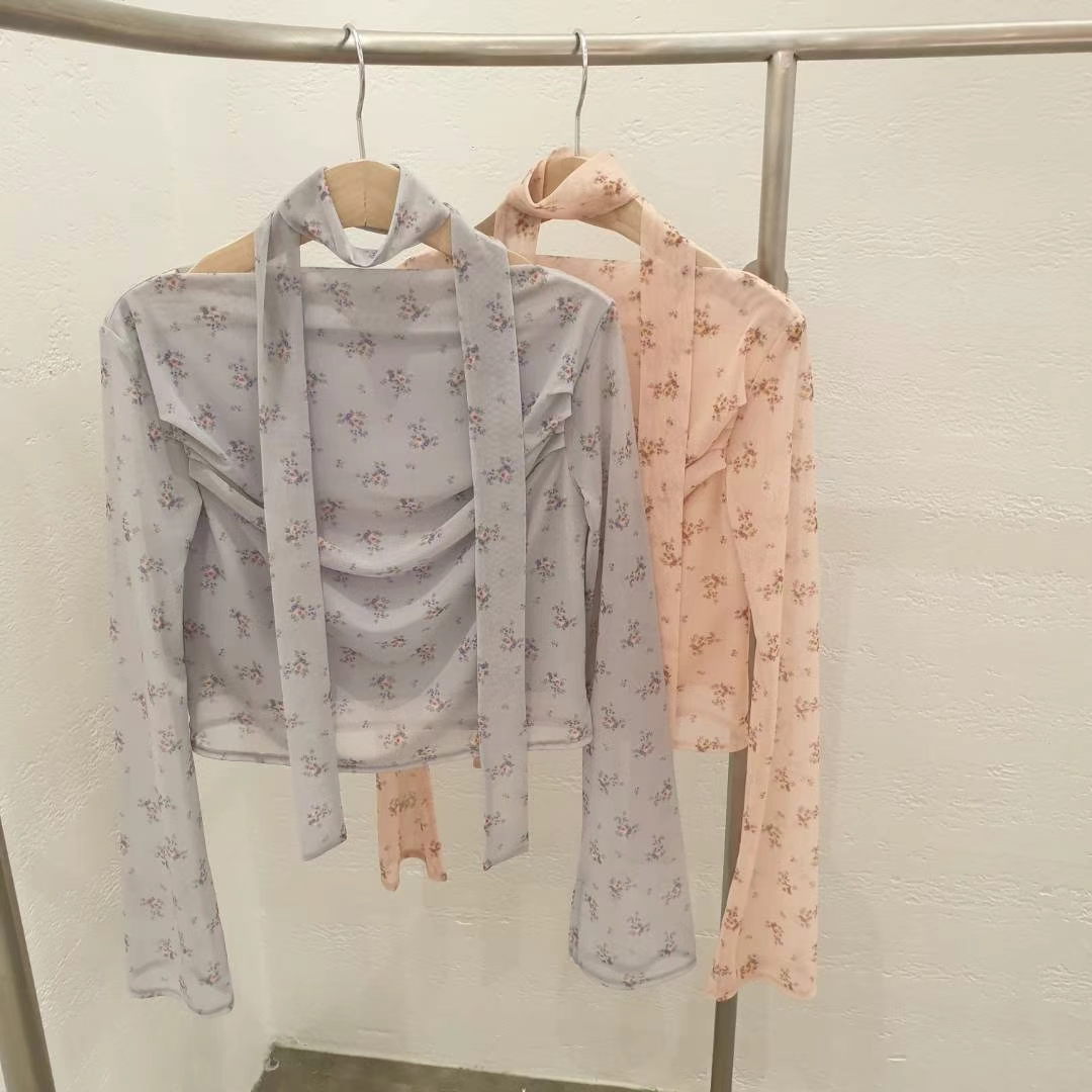 Vintage Floral Chiffon Long Sleeve Blouse with Adjustable Neck Tie ‖ 复古碎花雪纺立领长袖上衣（领口系带可自由打结或自然垂落）英文KR01621