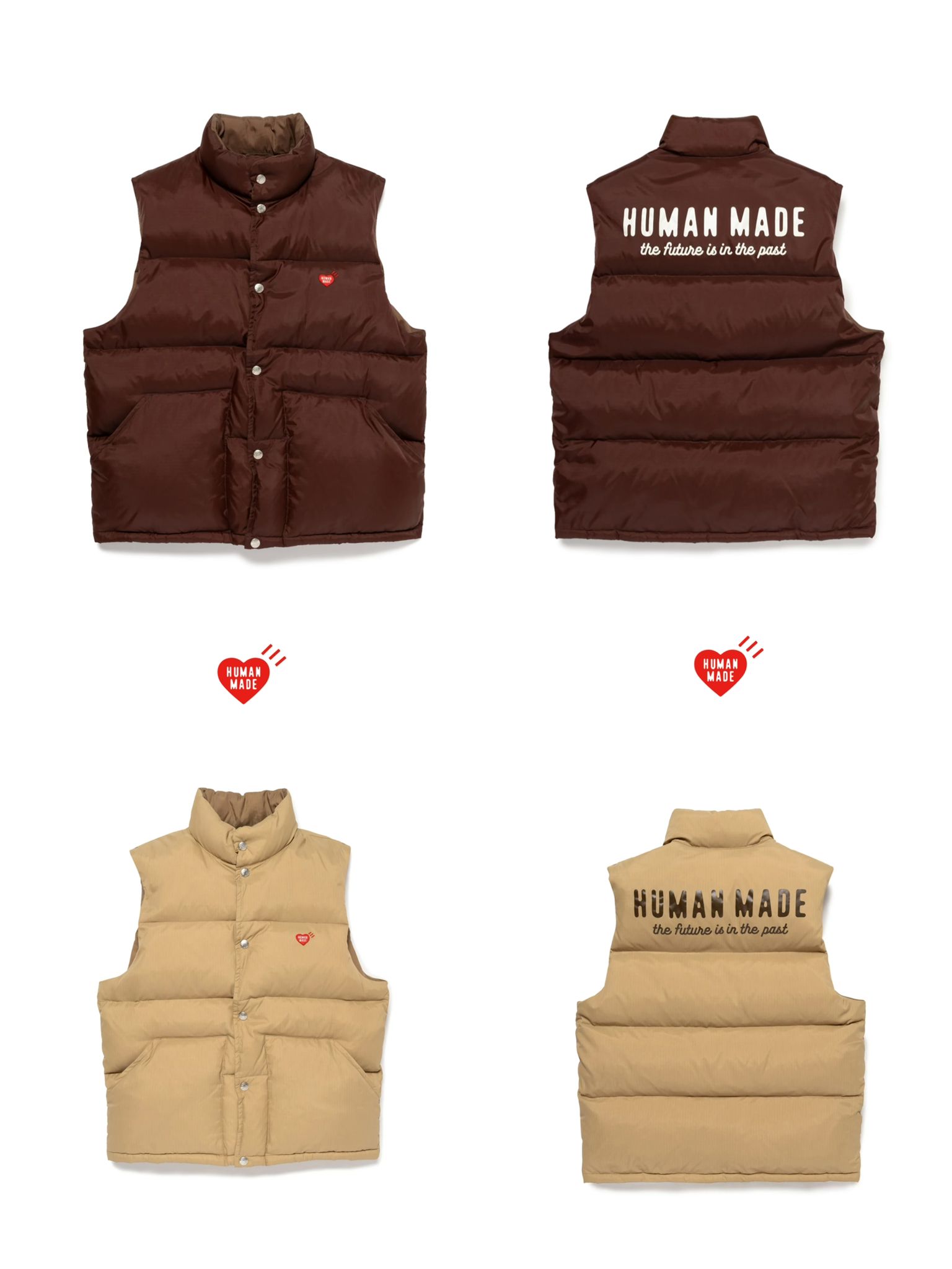 Human made 羽絨背心外套 Brown/ beige 打造溫莎風格不可或缺的羽絨背心 ・選用尼龍防撕裂布料，內部填充羽絨 ・布料輕盈、耐穿，具有質感 ・左胸處飾有心形布貼 ・背部以立體膠印工藝呈現品牌LOGO ・肩部飾有刺繡心形圖案 ・正面配有壓印品牌LOGO的按扣