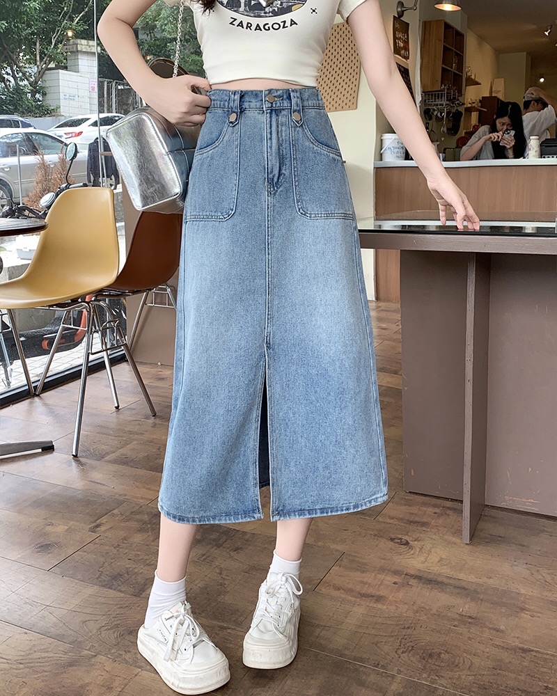 B352(65458) 韩版JEANS单钮扣带双边直角口袋前部开角蓝长裙 