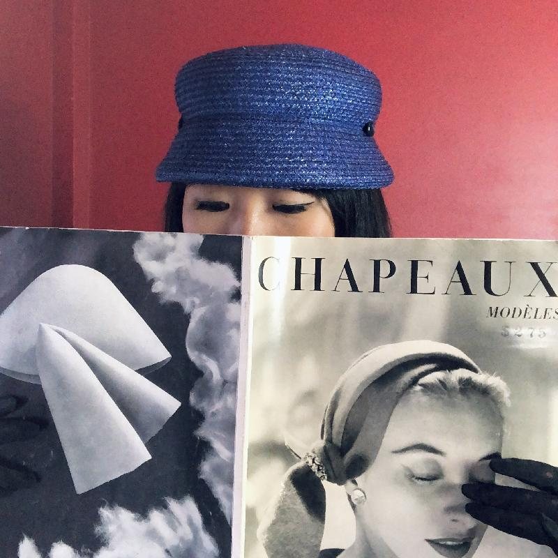 C.a. 1960s Indigo Blue Straw Lady Cap Hat (MT1230)