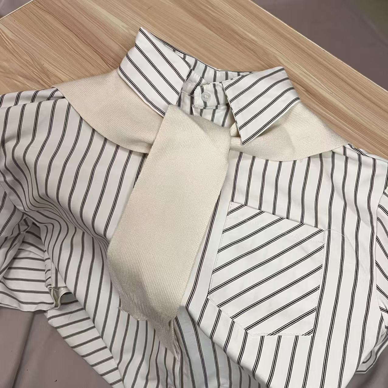 CC2006#82531 [Striped Shawl Shirt] Elegant & Versatile Everyday Wear