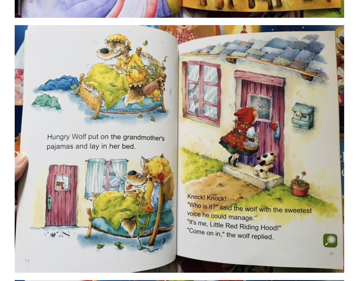 1. Snow White（白雪公主） 2. Cinderella（灰姑娘） 3. Jack and the Beanstalk（傑克與魔豆） 4. Three Little Piggies（三隻小豬） 5. Little Red Riding Hood（小紅帽） 6. Five Peas（五顆豌豆） 7. Coloring Book（塗色書/互動書）