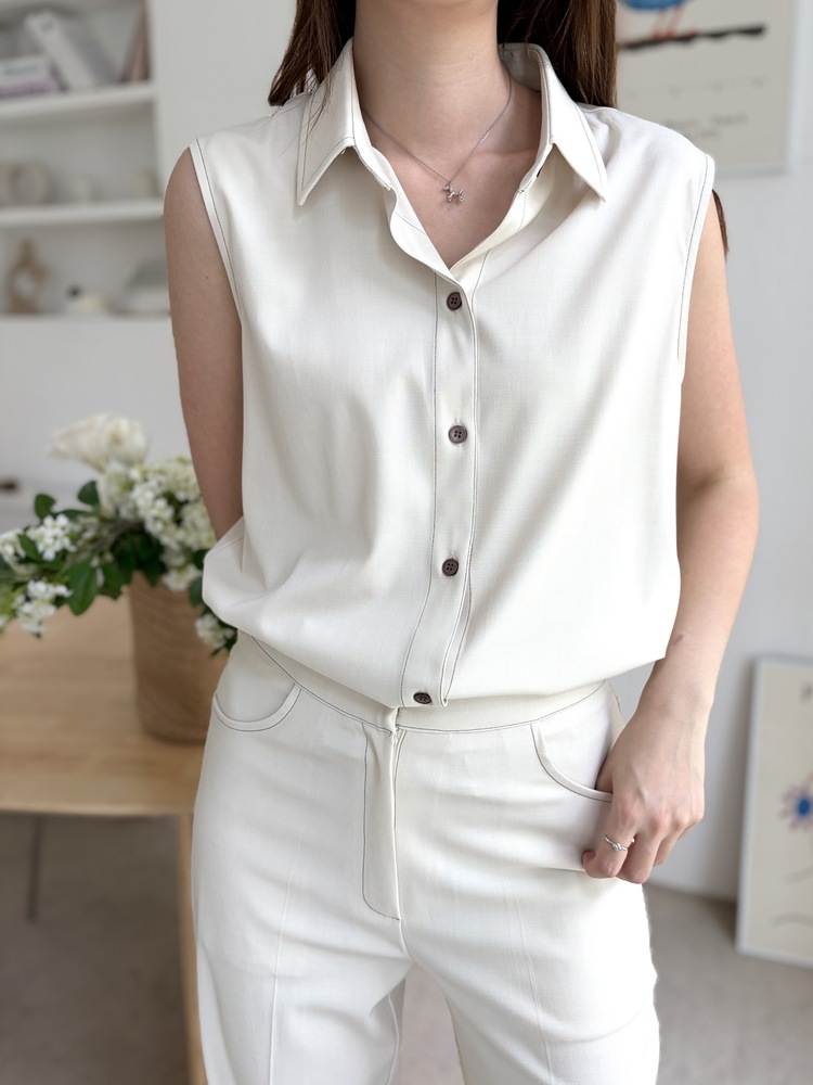 Topstitched Sleeveless Blouse (Ivory)