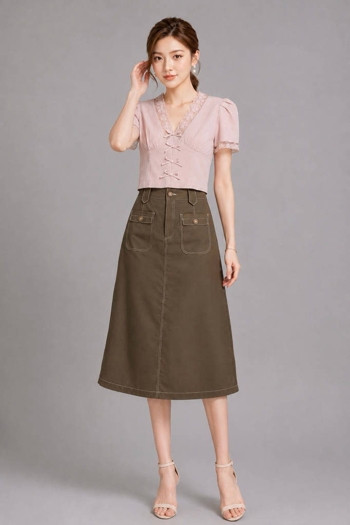 2209 Contrast Stitch Utility Denim Midi Skirt