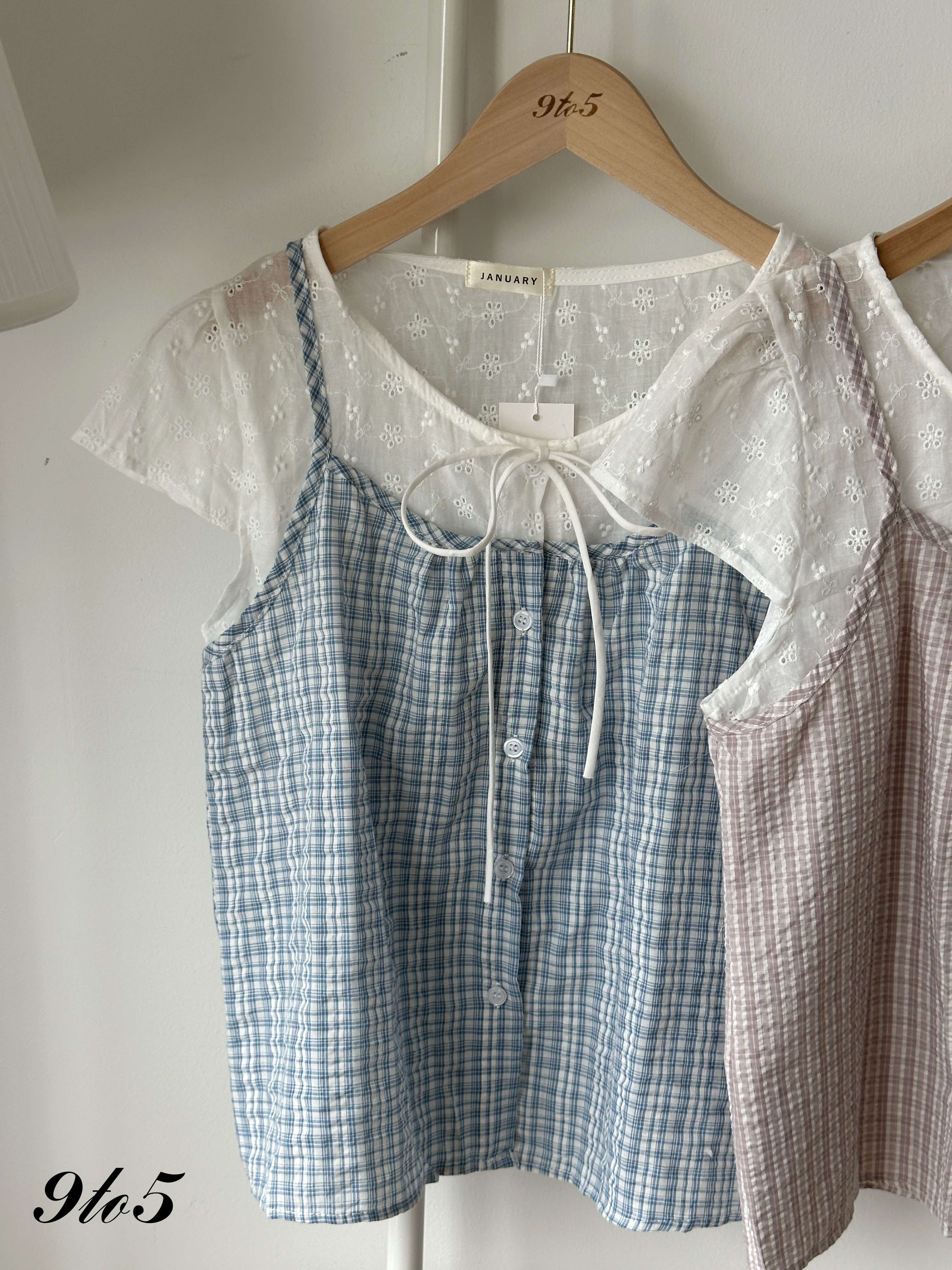 T4219 Fake Two-Piece Checker Top - Blue & Purple
