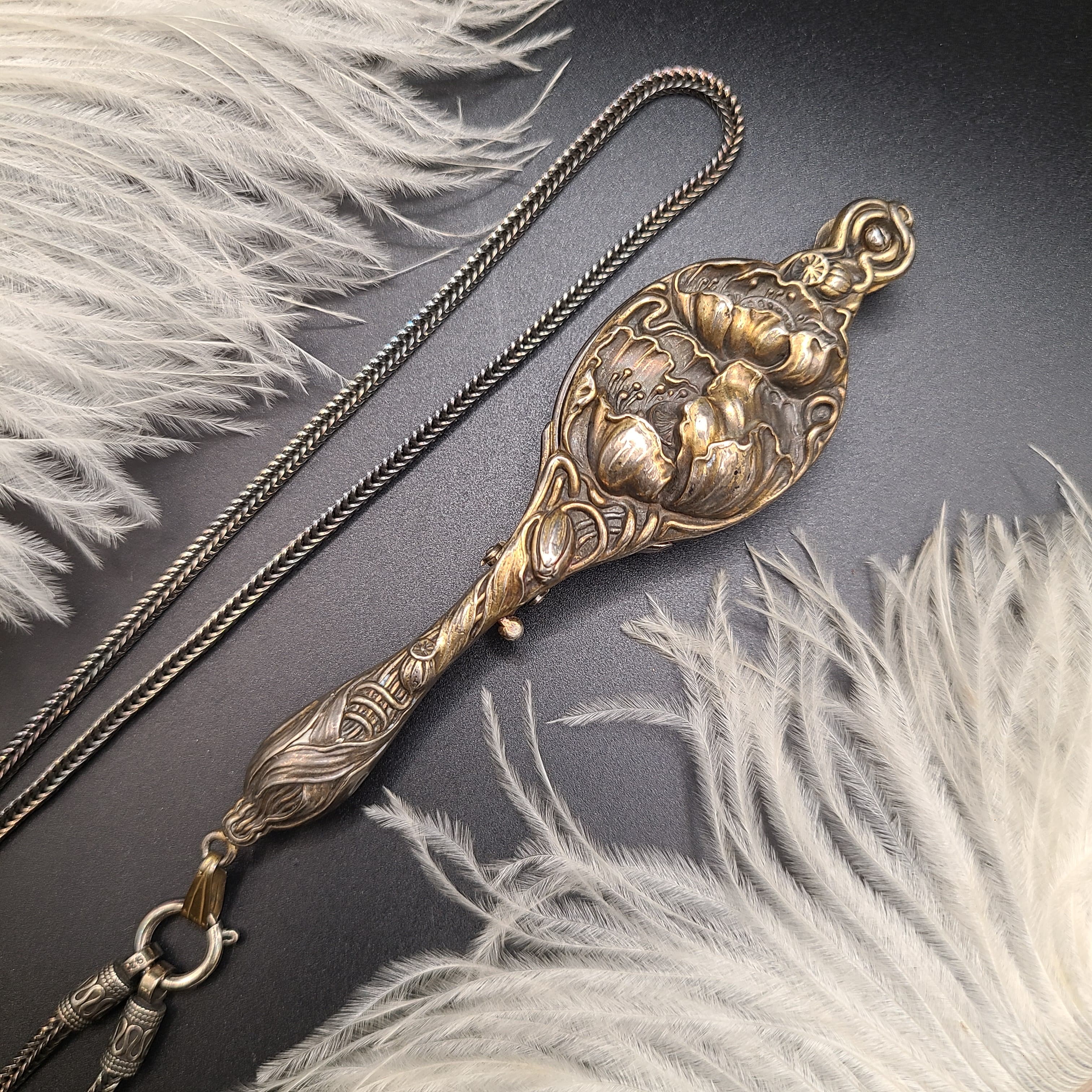 Art Nouveau 時期荷花銀包銅歌劇鏡飾lorgnettes glasses配純銀頸鍊