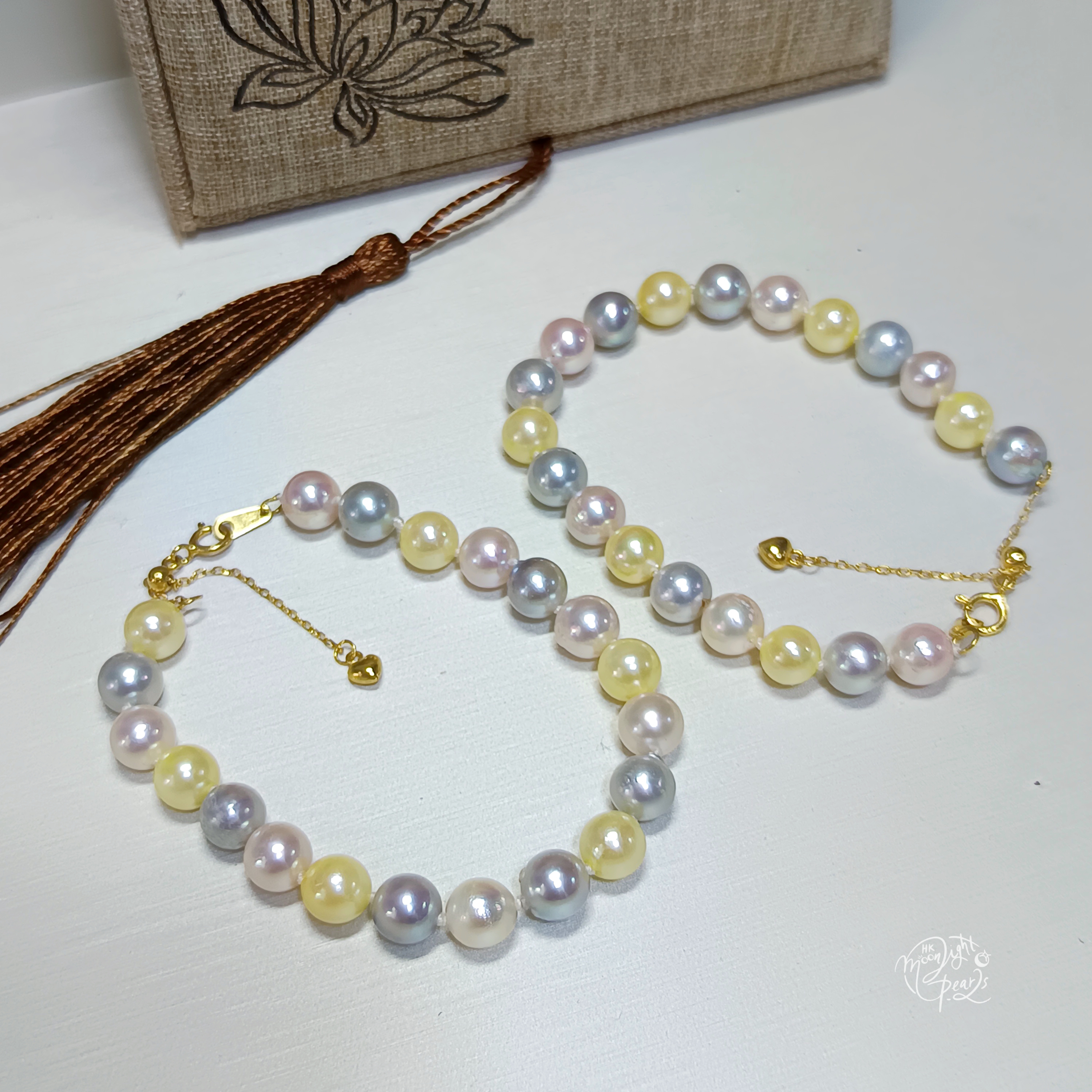 正圓極光日本akoya 糖果色海水珍珠金色s925銀愛心尾鍊口手鍊