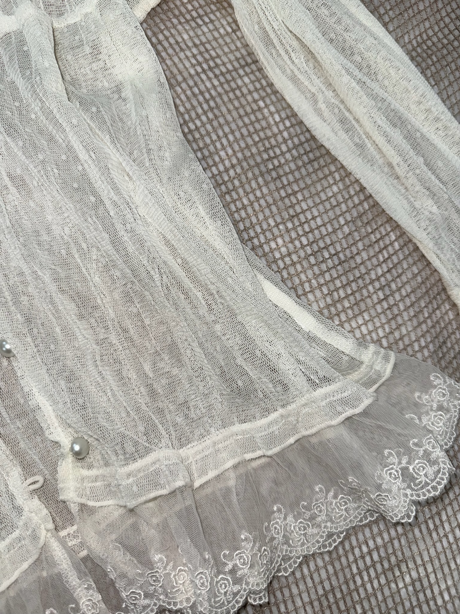 White Sheer Mesh Blouse with Pearl Buttons and Lace Ruffle Trim