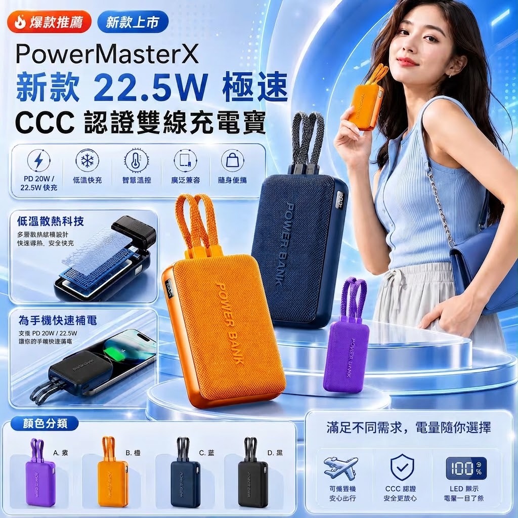 【預訂】PowerMasterX 22.5W 極速 CCC 認証雙線充電寶 10000mah