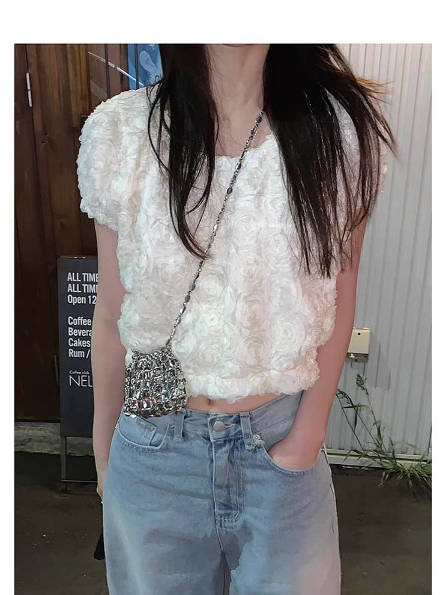 3D Rose Textured Cropped Top ‖ 立体玫瑰花纹短款设计感上衣 KR0156115